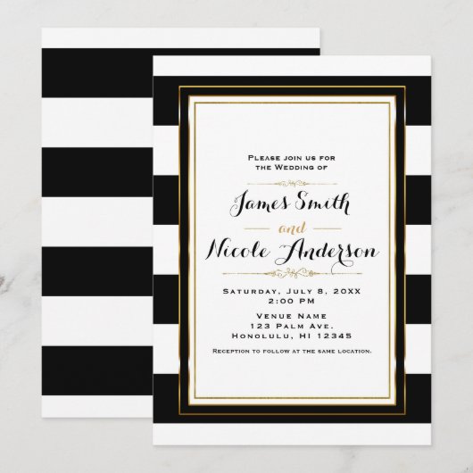 Zwart & Witte Strepen Goud Chic Elegant Trouwen Kaart (Voorkant / Achterkant)