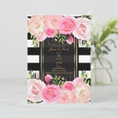 Zwart Witte Strepen Goud Roze Bloemige Bruiloft Kaart (Staand voorkant)