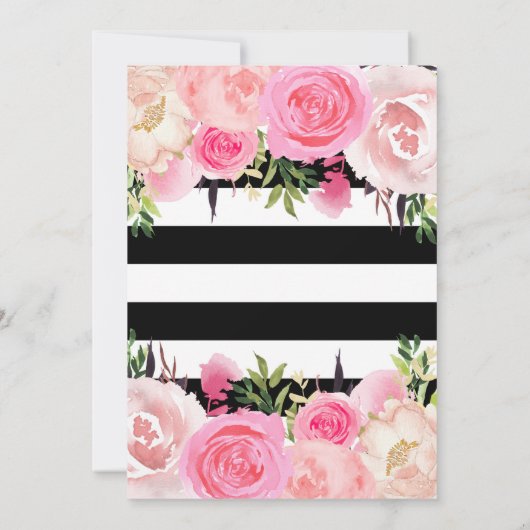 Zwart Witte Strepen Goud Roze Bloemige Bruiloft Kaart (Achterkant)