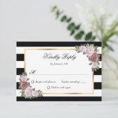 Zwart Witte Strepen Goud Roze Blush Bloemen Huweli RSVP Kaartje (Staand voorkant)