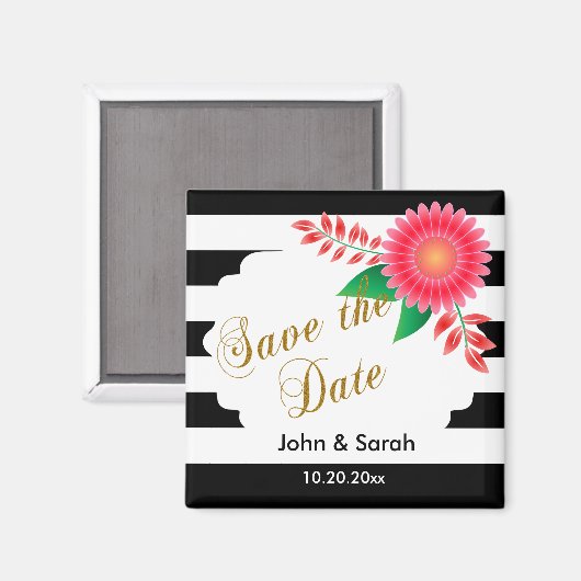 Zwart-witte strepen, goud | Roze sla de datum op Magneet (Voorkant / Achterkant)