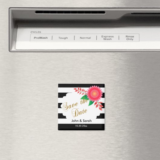 Zwart-witte strepen, goud | Roze sla de datum op Magneet (Insitu (Vaatwasser))