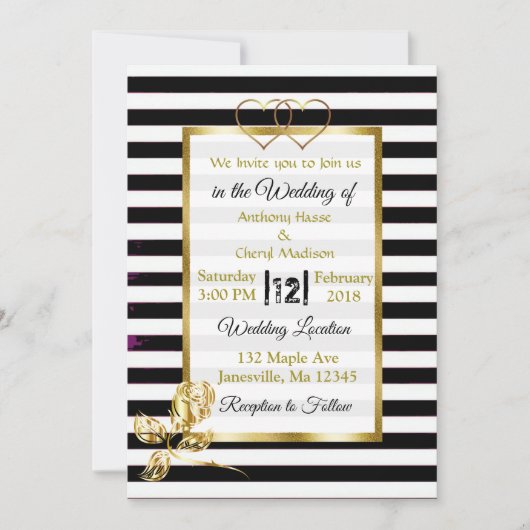 Zwart-witte strepen gouden bruiloft uitnodigingen (Voorkant)