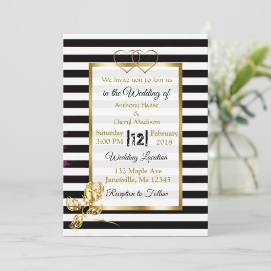 Zwart-witte strepen gouden bruiloft uitnodigingen (Staand voorkant)