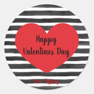 Zwart-witte strepen Happy Valentines Day Ronde Sticker