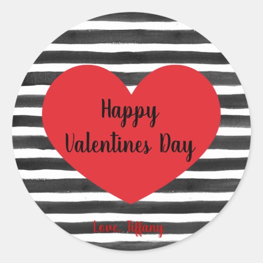 Zwart-witte strepen Happy Valentines Day Ronde Sticker (Voorkant)