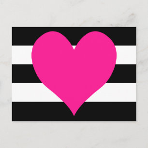 Zwart-witte strepen Hot Pink Heart Briefkaart