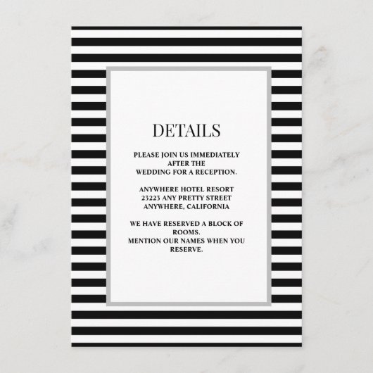 Zwart/witte strepen ingelijst bruiloft details informatiekaartje (Voorkant)