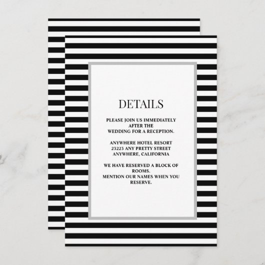 Zwart/witte strepen ingelijst bruiloft details informatiekaartje (Voorkant / Achterkant)