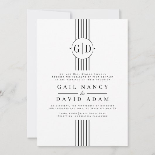 Zwart witte strepen, initialen en foto bruiloft kaart (Voorkant)