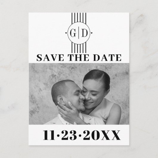 Zwart witte strepen | initialen foto Save The Date Briefkaart (Voorkant)
