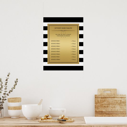 Zwart Witte Strepen Klassieke Gouden Service Menu Poster (Keuken)