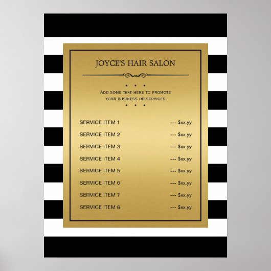 Zwart Witte Strepen Klassieke Gouden Service Menu Poster (Voorkant)