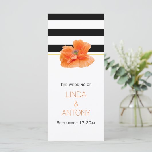 Zwart witte strepen, koraal papaver bruiloft progr programmakaart (Staand voorkant)