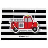 Zwart-witte strepen met een Red Fire Truck Groot Cadeauzakje (Voorkant)
