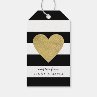 Zwart-witte strepen met Gold Foil hart Cadeaulabel