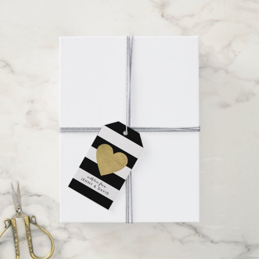 Zwart-witte strepen met Gold Foil hart Cadeaulabel (Met Touw)