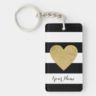 Zwart-witte strepen met Gold Foil hart Sleutelhanger