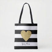 Zwart-witte strepen met Gold Foil hart Tote Bag (Voorkant)