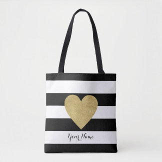 Zwart-witte strepen met Gold Foil hart Tote Bag