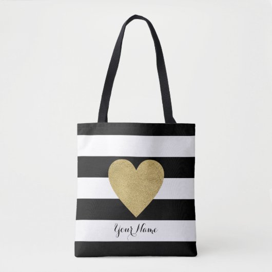 Zwart-witte strepen met Gold Foil hart Tote Bag (Voorkant)