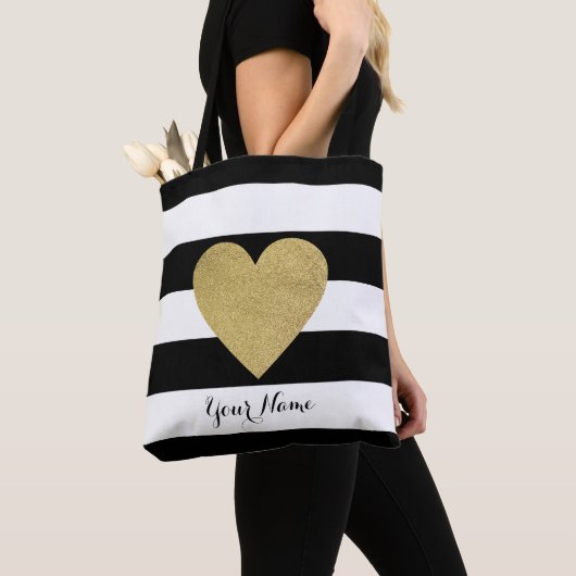 Zwart-witte strepen met Gold Foil hart Tote Bag (Dichtbij)