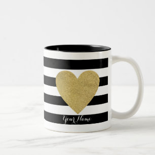 Zwart-witte strepen met Gold Foil hart Tweekleurige Koffiemok