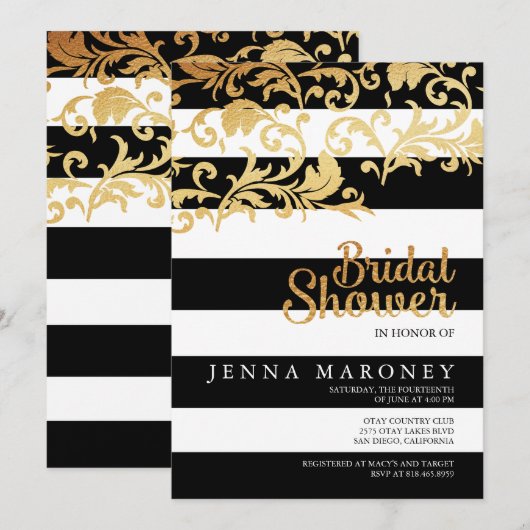 Zwart-witte strepen met Gold Foil Vrijgezellenfees Kaart (Voorkant / Achterkant)