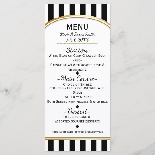 Zwart-witte strepen met goud Elegant Menu (Voorkant)