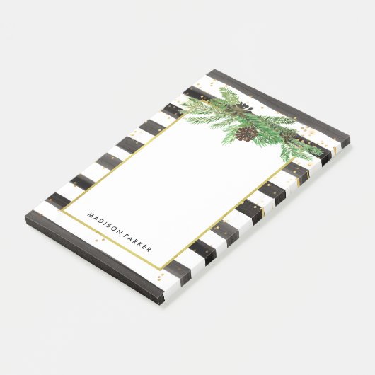 Zwart-witte strepen met gouden en pijnappels post-it® notes (Schuin)