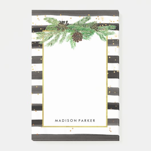 Zwart-witte strepen met gouden en pijnappels post-it® notes (Voorkant)