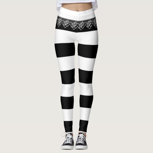 Zwart-witte strepen met kant leggings (Voorkant)