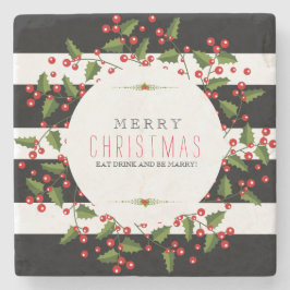Zwart & witte strepen met kerstkrans stenen onderzetter