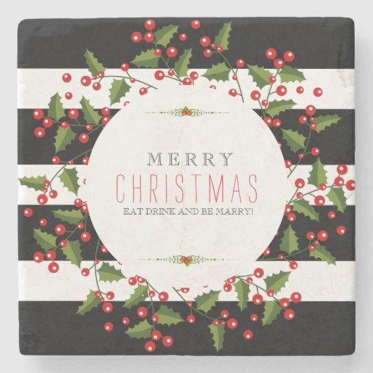 Zwart & witte strepen met kerstkrans stenen onderzetter (Voorkant)