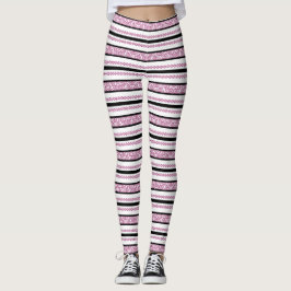 Zwart-witte strepen met magenta bloemenpatroon leggings