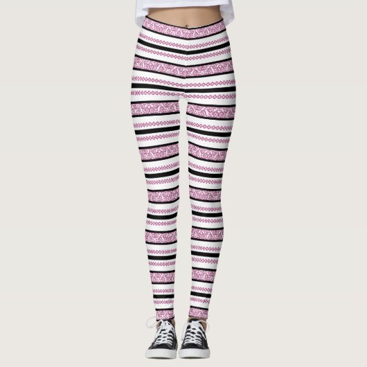 Zwart-witte strepen met magenta bloemenpatroon leggings (Voorkant)