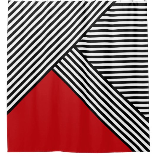 Zwart-witte strepen met rode driehoek douchegordijn (Voorkant)