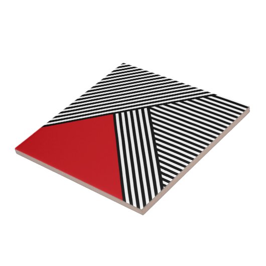Zwart-witte strepen met rode driehoek tegeltje (Zijkant)