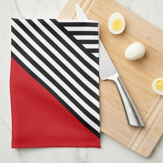 Zwart-witte strepen met rode driehoek theedoek (Quarter Fold)