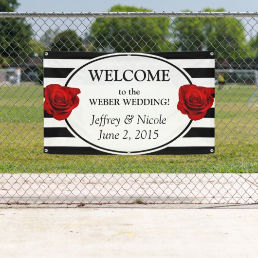 Zwart & Witte Strepen met Roze Trouwbanner Spandoek (Insitu)