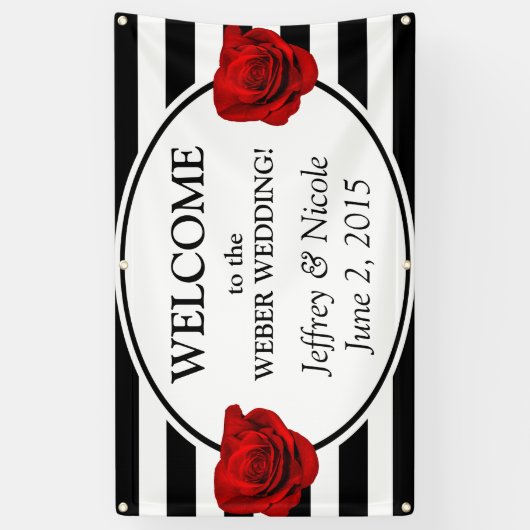 Zwart & Witte Strepen met Roze Trouwbanner Spandoek (Verticaal)