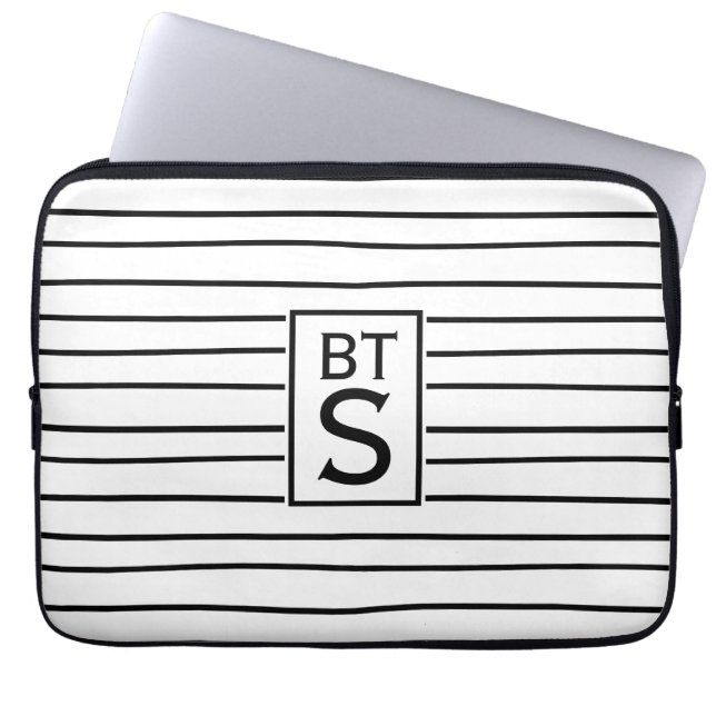 Zwart-witte strepen Monogram laptophoes Laptop Sleeve (Voorkant)