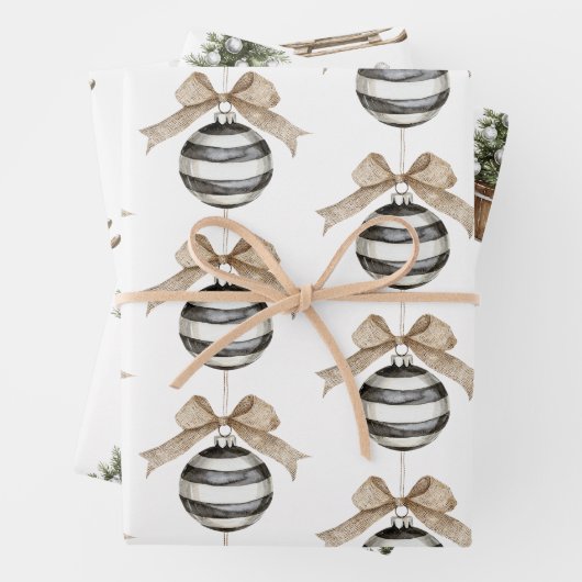 Zwart Witte Strepen Ornament Bow Christmas Inpakpapier Vel (In situ)