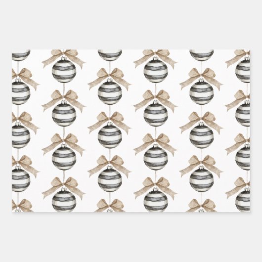 Zwart Witte Strepen Ornament Bow Christmas Inpakpapier Vel (Voorkant)