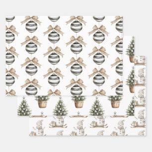 Zwart Witte Strepen Ornament Bow Christmas Inpakpapier Vel