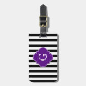 Zwart Witte Strepen, Paars Label Monogram Bagagelabel (Voorkant verticaal)
