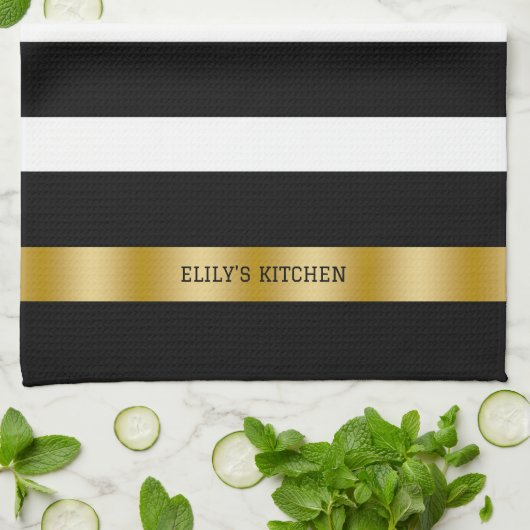 Zwart-witte strepen patroon gouden accenten theedoek (Gevouwen)