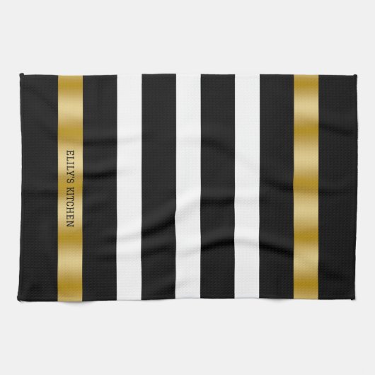 Zwart-witte strepen patroon gouden accenten theedoek (Horizontaal)