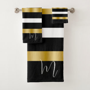 Zwart & Witte Strepen Patroon Gouden Streep Accent Bad Handdoek