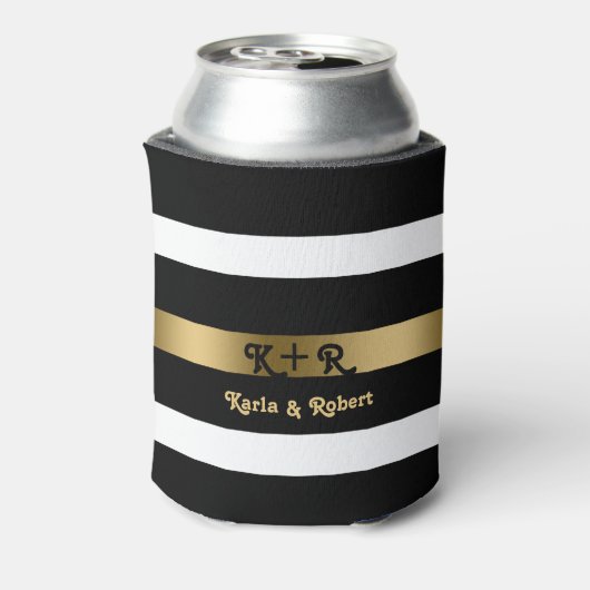 Zwart-witte strepen patroongouden accenten blikjeskoeler (Blikje Achterkant)